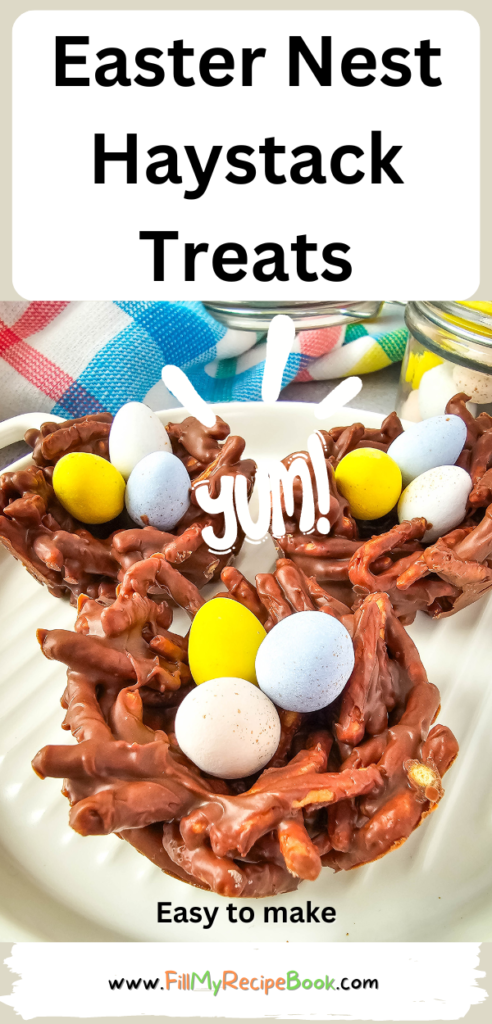Easter Nest Haystack Treats recipe for snacks. Easy enough for kids to help make, with a chocolate nest and mini candy colorful coated eggs.
