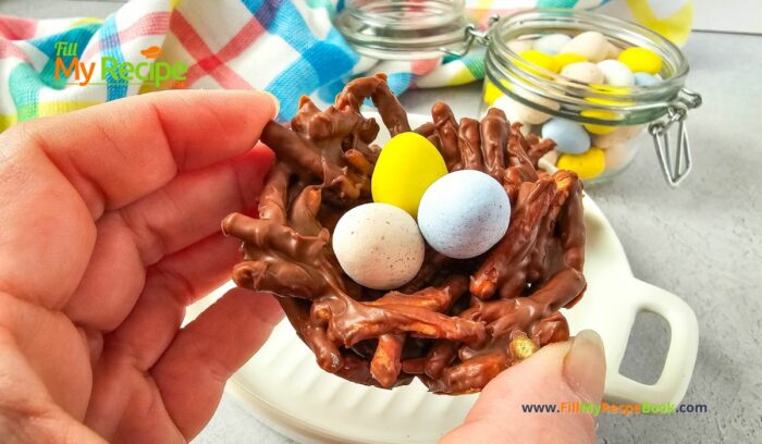 Easter Nest Haystack Treats recipe for snacks. Easy enough for kids to help make, with a chocolate nest and mini candy colorful coated eggs.