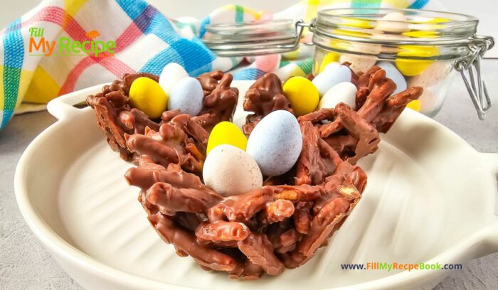 Easter Nest Haystack Treats recipe for snacks. Easy enough for kids to help make, with a chocolate nest and mini candy colorful coated eggs.