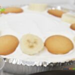 Easy Banana Cream Pie Recipe idea. A simple no bake biscuit base pudding pie dessert to make anytime for the summer or spring for the family.