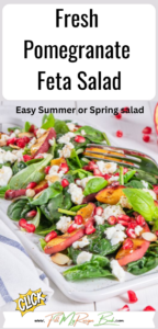 A Fresh Pomegranate Feta Salad recipe with grilled peaches and spinach leaves. Tasty summer or spring lunch, include almonds and a dressing.