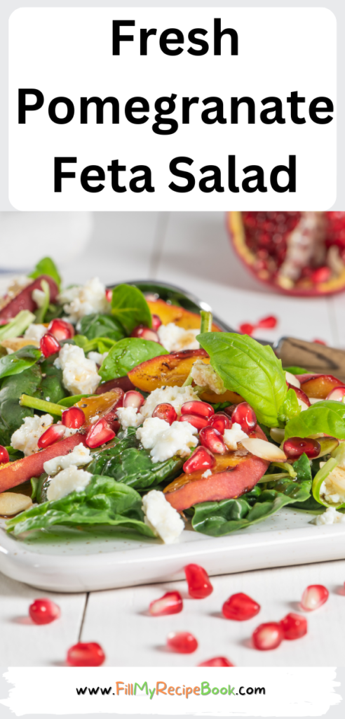 A Fresh Pomegranate Feta Salad with grilled peaches and spinach leaves. A side dish or breakfast meal drizzled with a honey dressing.