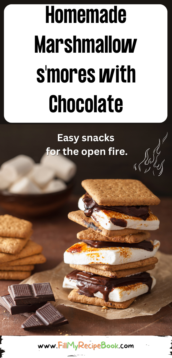 Homemade Marshmallow s'mores with Chocolate and crackers recipe idea. Melted marshmallows on the open fire while camping in spring or summer.
