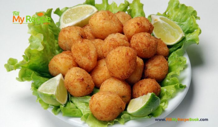 Salt Cod Fritters a Healthy Lunch Recipe Idea with salad. A homemade fish cake or croquettes to serve for lunch meal a snack or appetizer.