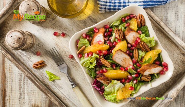 Spring Salad Chicken Pomegranate Honey recipe idea for summer or spring. Healthy side dish has orange, nuts, lettuce and a drizzle of honey.