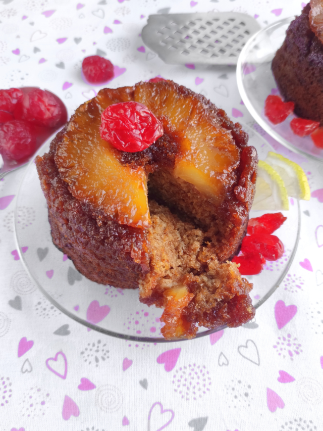 An Easy Caramelized Pineapple Upside Down Mini Cake recipe. Oven Baked for a fine dining dessert from scratch topped with cherries.