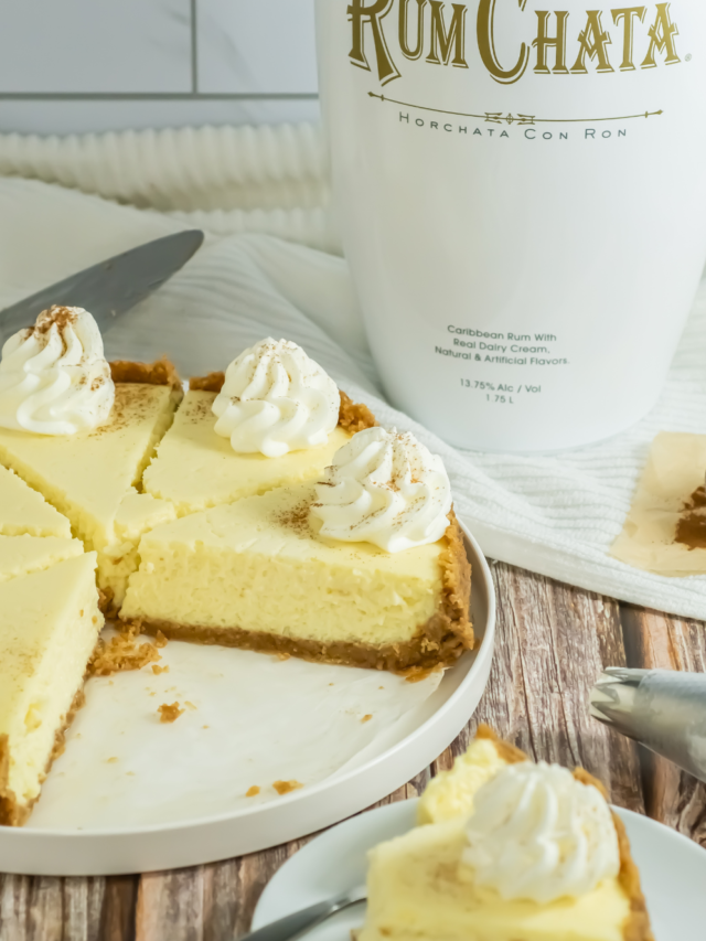 Easy Rumchata Cheesecake Recipe idea. Oven Baked with biscuit base and creamy liqueur flavor with cinnamon and cream topping for dessert.