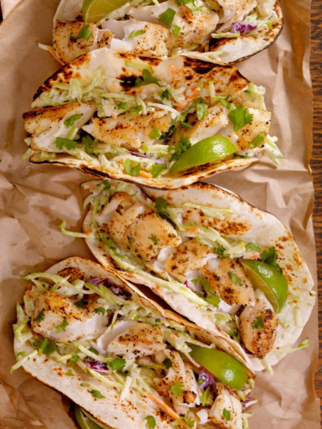 Fish Tacos with Slaw Lemon Zest recipe idea. An easy taco dish with left over fish and cabbage slaw with cilantro and dressing for a lunch.