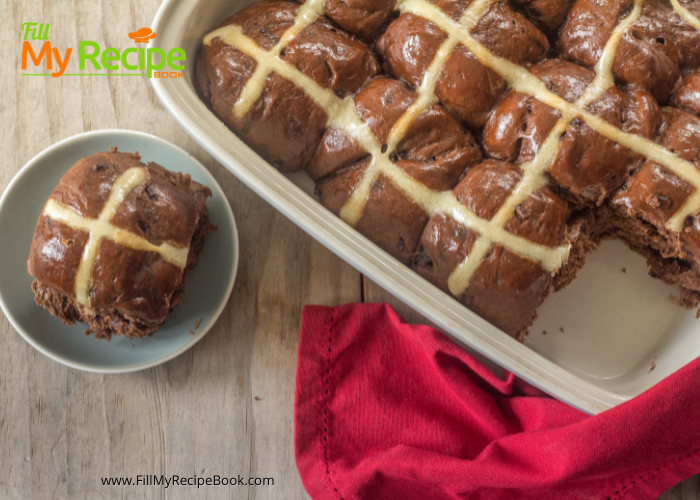 Double Chocolate Hot Cross Bun recipe idea. Easter buns to serve for Good Friday for tea, the next day, easy breakfast toasted with butter.