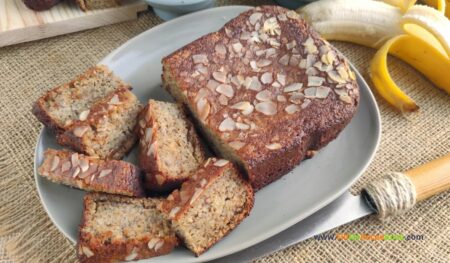 Healthy Almond Flour Banana Bread recipe idea. A great oven bake with natural sweeteners and coconut oil for gluten free diets.