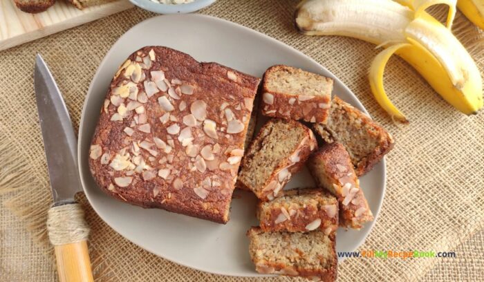 Healthy Almond Flour Banana Bread recipe idea. A great oven bake with natural sweeteners and coconut oil for gluten free diets.