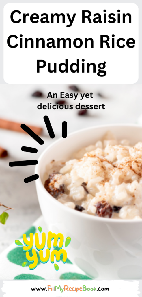 Creamy Raisin Cinnamon Rice Pudding recipe. Easy traditional old dessert for a simple stove top boil, cook idea and condensed milk.