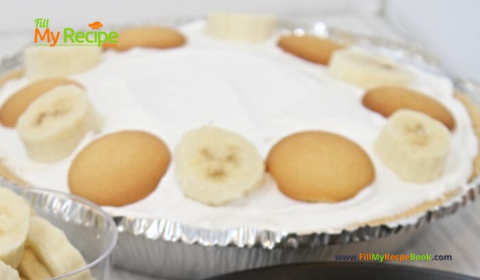 Easy Banana Cream Pie Recipe idea. A simple no bake biscuit base pudding pie dessert to make anytime for the summer or spring for the family.