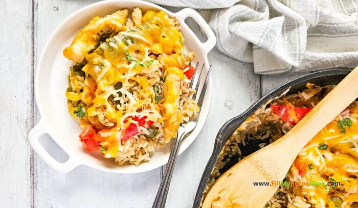 Easy Chicken Fajita Casserole Recipe in an iron skillet pan. The best go to dinner or lunch idea to cook on stove top then bake in the oven.