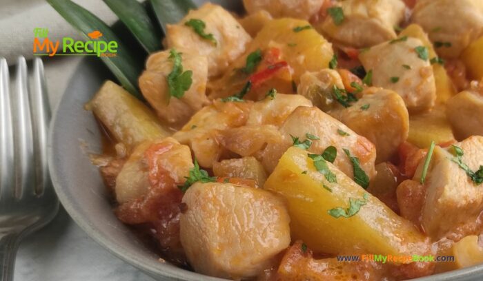 Easy Hawaiian Chicken Recipe with tangy sauce idea. Simple pan cooked savory meal with pineapple for a family holiday lunch, dinner anytime.