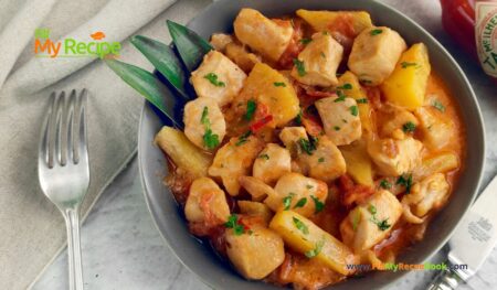 Easy Hawaiian Chicken Recipe with tangy sauce idea. Simple pan cooked savory meal with pineapple for a family holiday lunch, dinner anytime.