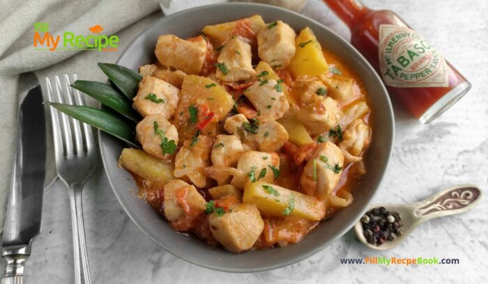 Easy Hawaiian Chicken Recipe with tangy sauce idea. Simple pan cooked savory meal with pineapple for a family holiday lunch, dinner anytime.