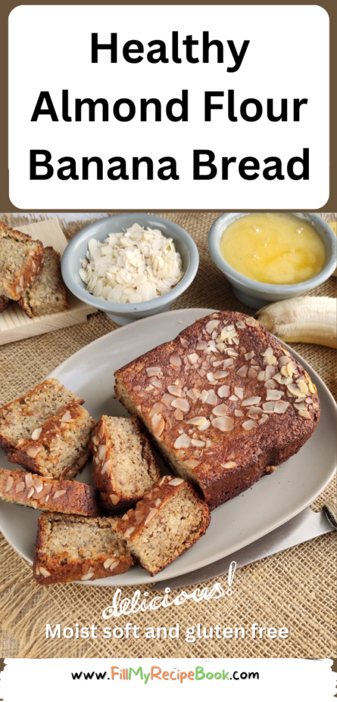 Healthy Almond Flour Banana Bread recipe idea. A great oven bake with natural sweeteners and coconut oil for gluten free diets.