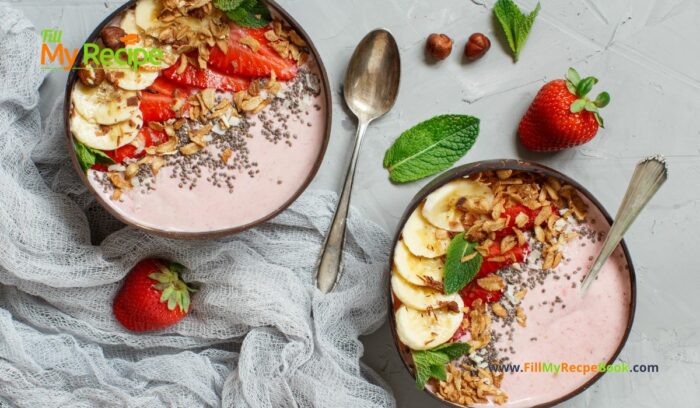 A Healthy Strawberry Banana Smoothie Bowl recipe idea for a quick and filling breakfast with Greek yogurt and granola sweetened with honey.