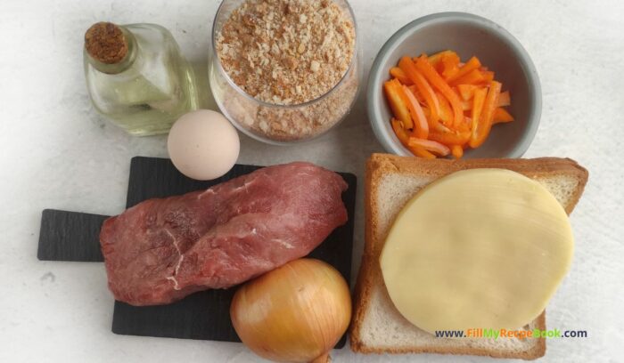 ingredients, Beef Philly Cheesesteak Sandwich Pockets recipe idea for lunch. Caramelized onions, pan fried bread pockets filled with juicy steak strips.