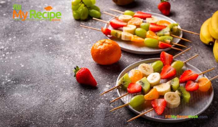 Simple Fruit Skewers Appetizers recipe idea with a yogurt dip. A homemade fruit snack or dessert that is kid safe, a platter for a party.