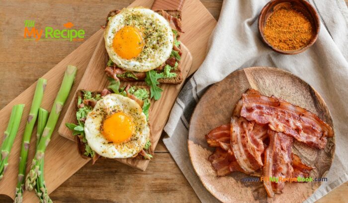 Toast Fried Egg Bacon and Arugula recipe idea for a breakfast or brunch meal. An easy no bake stove top recipe to make for two