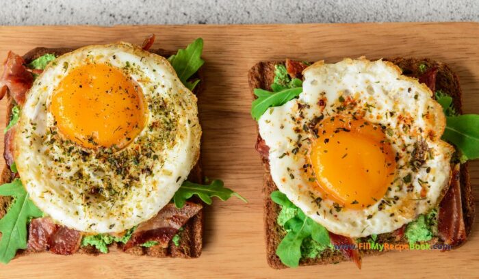 Toast Fried Egg Bacon and Arugula recipe idea for a breakfast or brunch meal. An easy no bake stove top recipe to make for two