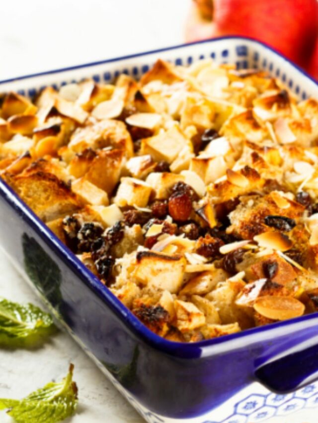 Bread pudding and Apple Bake Recipe. Simple of old fashion breakfast or even a dessert with vanilla sauce and raisins casserole dish.