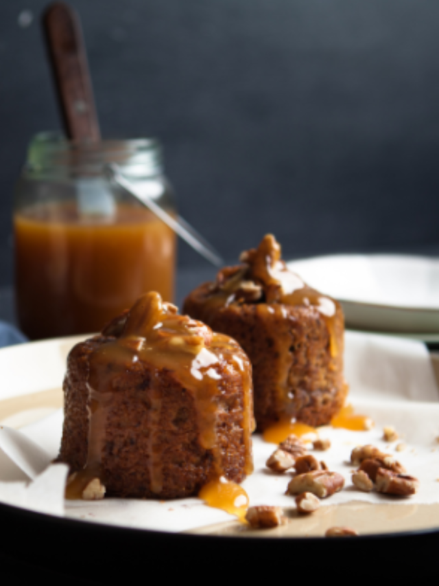 Sticky Date Pudding and Sauce recipe. Easy warm fine dining muffin dessert idea known as sticky toffee pudding, with butterscotch sauce.