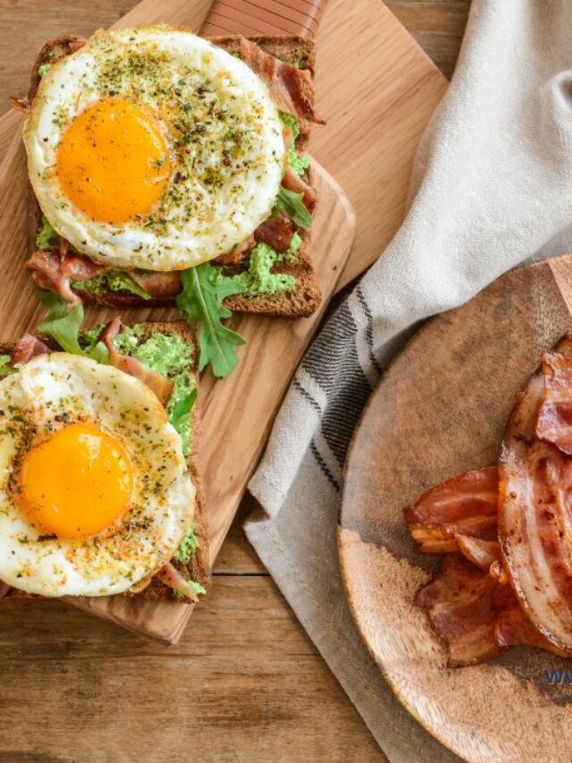 Toast Fried Egg Bacon and Arugula recipe idea for a breakfast or brunch meal. An easy no bake stove top recipe to make for two