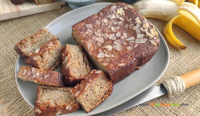 Healthy Almond Flour Banana Bread recipe idea. A great oven bake with natural sweeteners and coconut oil for gluten free diets.