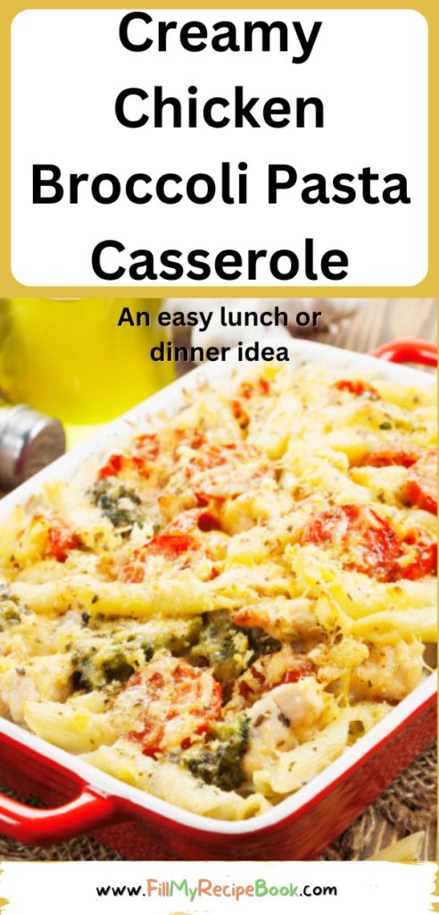 Creamy Chicken Broccoli Pasta Casserole recipe with sauté mushroom and bacon. Easy baked dish with cheddar cheese and herbs and spices.