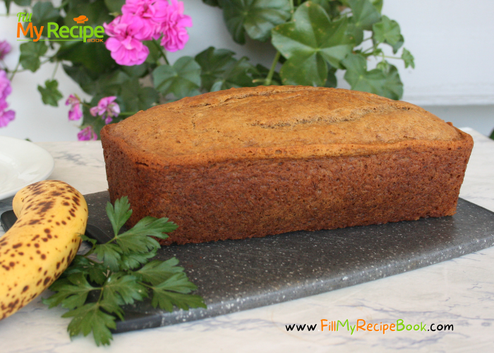 Tasty Banana Bread Loaf recipe idea. Easy moist and delicious snack that is healthy. versatile for a dessert or food for midday or breakfast.