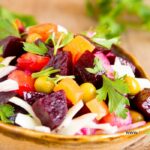 Tasty Beetroot Salad Recipe idea for a side dish. Healthy dressing with honey mustard and bite size veggies to plate with meals or grills.