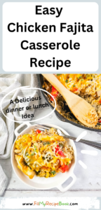 Easy Chicken Fajita Casserole Recipe in an iron skillet pan. The best go to dinner or lunch idea to cook on stove top then bake in the oven.