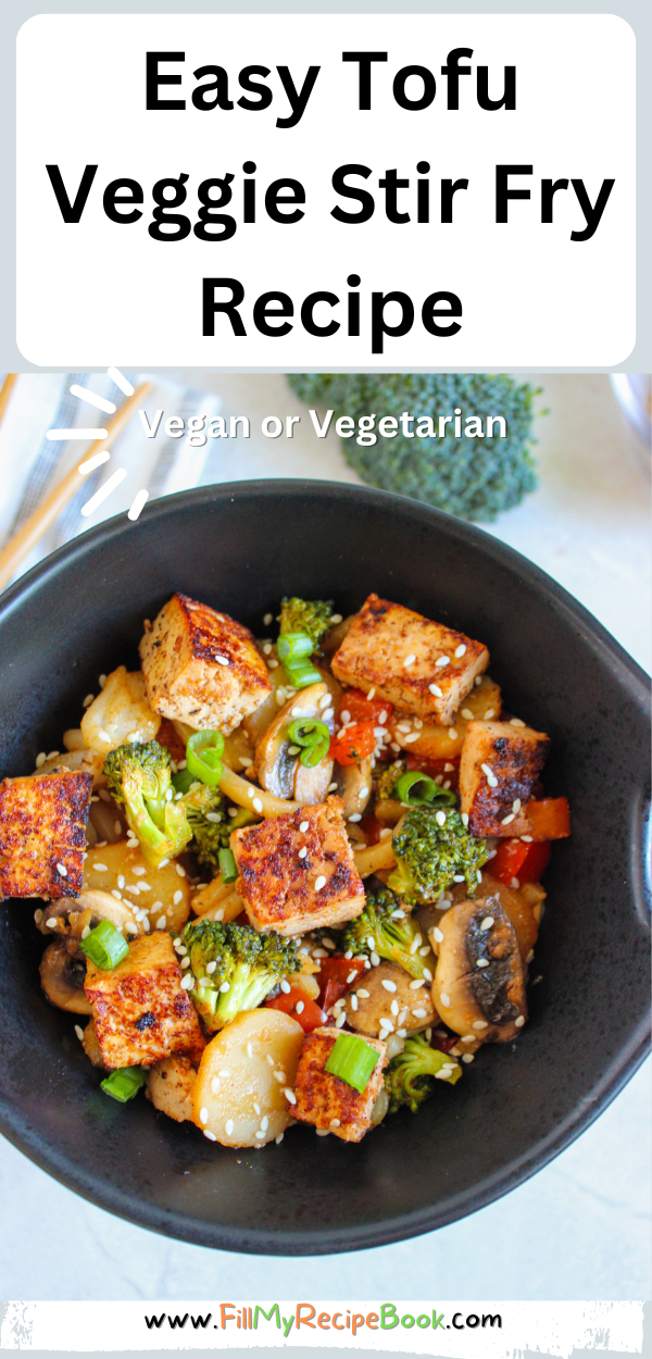 Easy Tofu Veggie Stir Fry Recipe idea with honey and sesame seeds. A no bake healthy vegan or vegetarian meal with udon noodles.