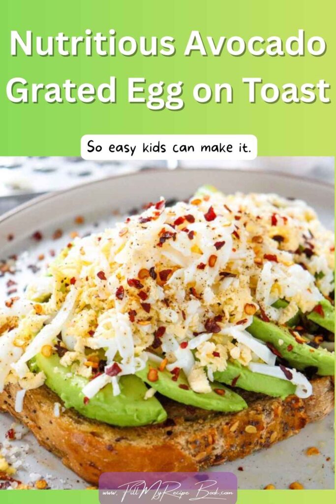 Nutritious avocado grated egg on toast, creamy avocado, and grated boiled egg seasoned with lemon pepper. A quick, healthy breakfast.