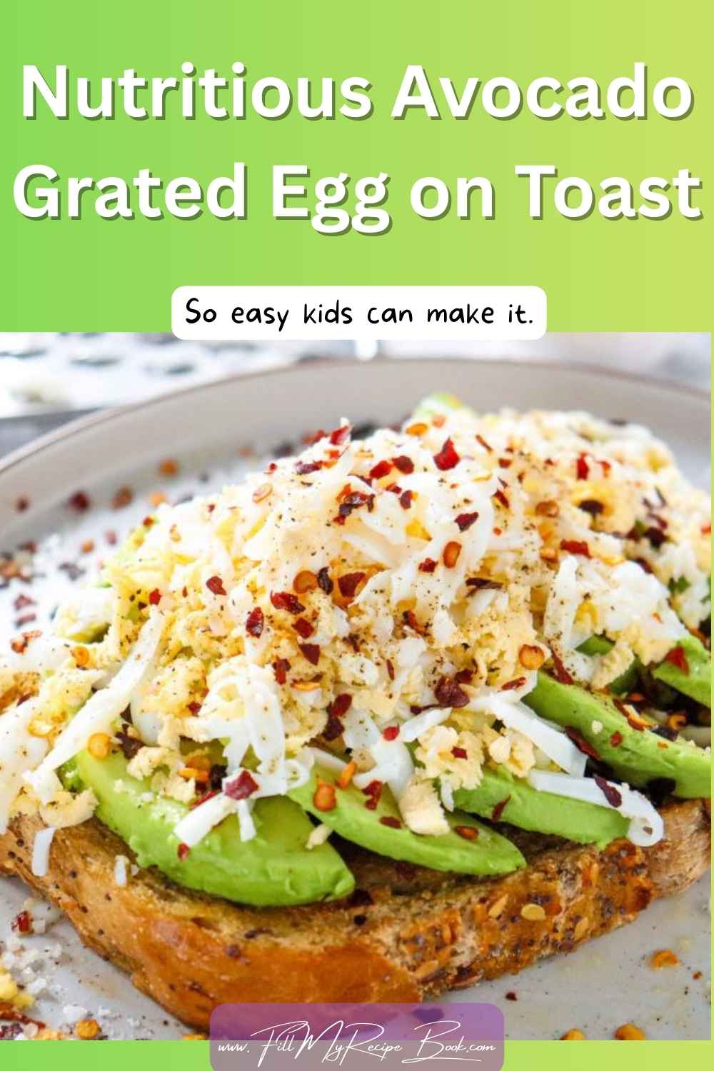 Nutritious avocado grated egg on toast, creamy avocado, and grated boiled egg seasoned with lemon pepper. A quick, healthy breakfast.