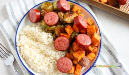 Tasty Sausage and Veggies Sheet Pan Dinner recipe. An all in one easy meal to put together and bake in oven for supper or lunch with sides.