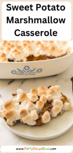 Sweet Potato Marshmallow Casserole Recipe idea. Easy Oven Baked mashed orange sweet potatoes with cinnamon and pecans dish.