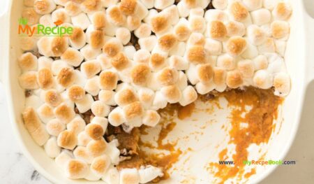 Sweet Potato Marshmallow Casserole Recipe idea. Easy Oven Baked mashed orange sweet potatoes with cinnamon and pecans dish.