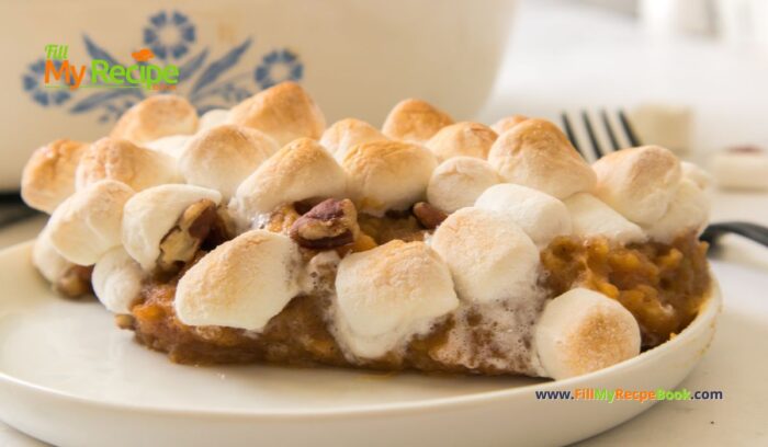 Sweet Potato Marshmallow Casserole Recipe idea. Easy Oven Baked mashed orange sweet potatoes with cinnamon and pecans dish.
