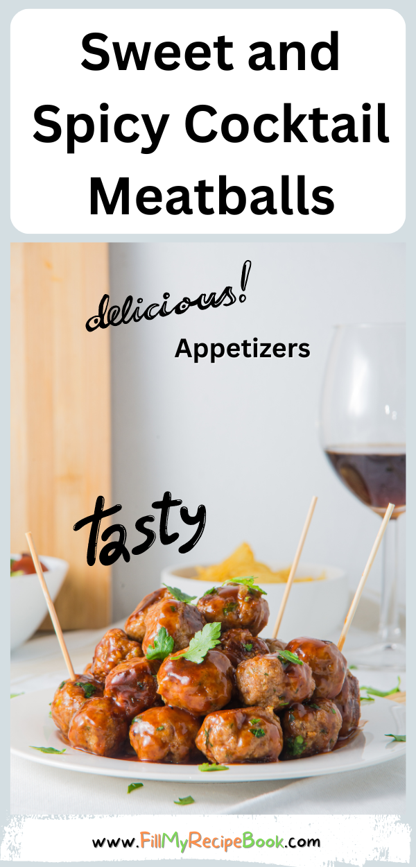 Sweet and Spicy Cocktail Meatballs recipe idea made from scratch. Mini beef appetizers oven baked with honey and barbecue sauce on a stick.