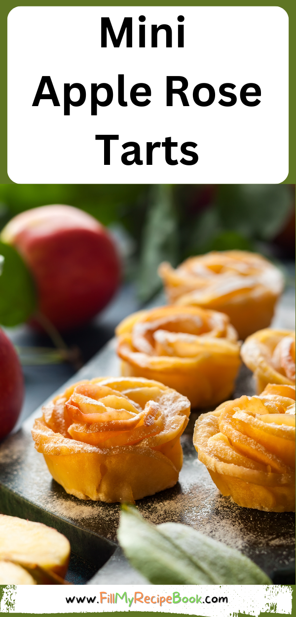 Mini Apple Rose Tarts recipe. A simple but delicious sweet apple oven baked apple pie or tart for a dessert garnished with castor sugar.
