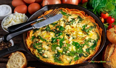 Sweet Potato Spinach Feta Quiche recipe idea. A healthy low carb crust of sweet potato with tasty spinach and feta goats cheese filling.