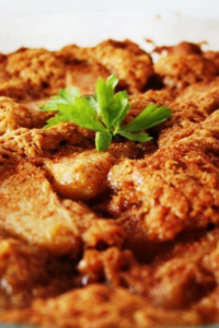 Easy Pear Cobbler Recipe idea. An Oven Baked dessert made all in one dish with batter and fresh fruit topped with cinnamon, brown sugar.