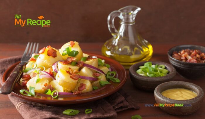 A warm Potato Salad Bacon Bits and Vinaigrette recipe idea. Easy, no egg, no mayonnaise with a flavorful mustard, maple syrup, dressing.