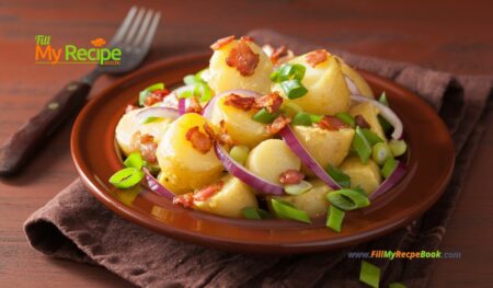 Potato Salad Bacon Bits and Vinaigrette recipe idea. Easy, no egg, mayonnaise with a flavorful mustard, maple syrup, olive oil dressing.