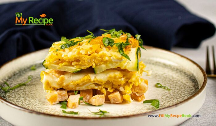 Breakfast Sausage Lasagna Recipe. A healthy family oven baked dish for a holiday brunch, with zucchini and scrambled egg and chicken.

