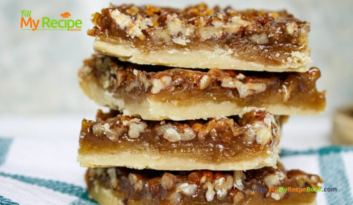 Easy Shortbread Pecan Bars recipe. A shortbread crust topped with pecan nuts, honey, cream and brown sugar for a healthy snack bar.